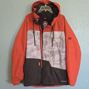 686 Men's Rust Red Hooded Snowboard Jacket with Gray Camo and Black Panels